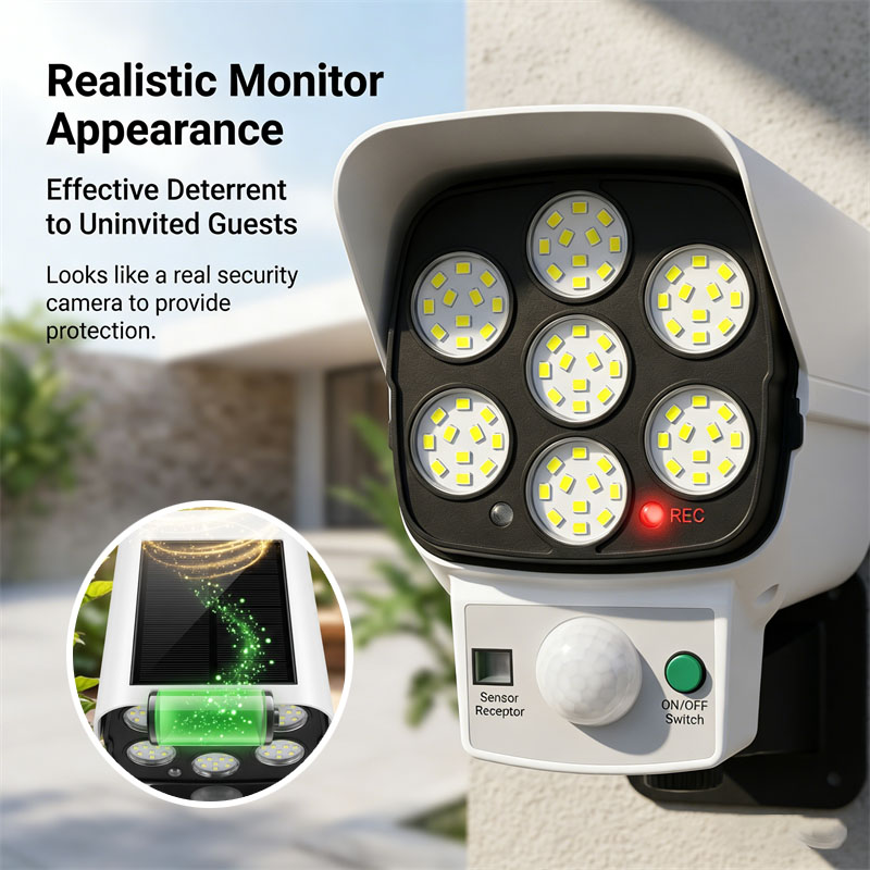 Home Security Flood Lights - Güneş Enerjili Sahte Güvenlik Kamerası, Hareket